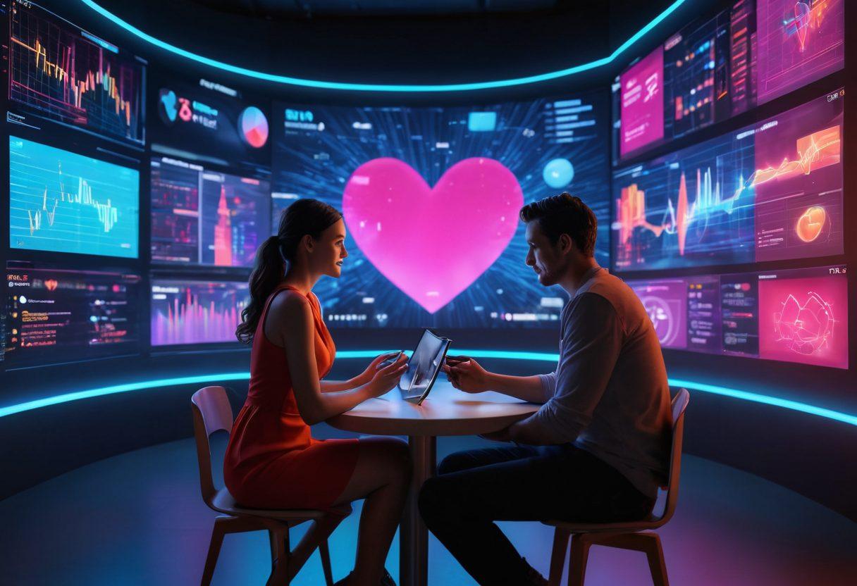 A modern couple interacting with digital passion metrics displayed on futuristic screens, surrounded by heart-shaped graphs and analytics icons representing data-driven romance. A warm, inviting atmosphere with soft lighting to evoke feelings of love and connection, while showcasing technology's role in relationships. Super-realistic. Vibrant colors. 3D.