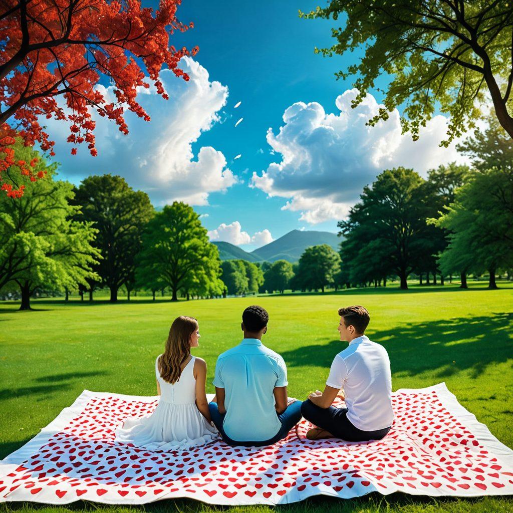 A couple sitting on a picnic blanket in a park, surrounded by data visualizations and charts highlighting behavioral analytics concepts, with heart-shaped clouds above them symbolizing love. The backdrop features lush greenery and blooming flowers, creating a romantic atmosphere. Super-realistic. Vibrant colors. Soft focus.